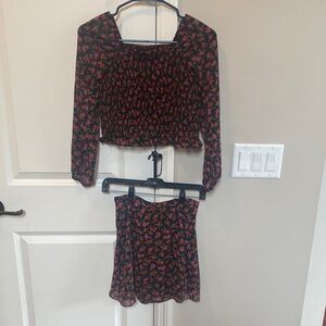 Girls Black Floral Two-Piece Top and Skirt Set